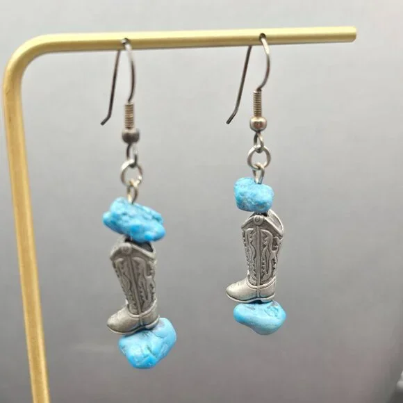 Western Boot Earrings | Turquoise Howlite | Pewter Finish | 2.25" VTG - Picture 2 of 5